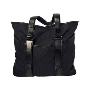 Gucci GG Monogram Canvas Tote Bag Black Leather Trim Shoulder Bag EUC